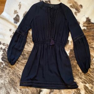 Long Sleeve Silk Navy Dress with Fringe Detail✨